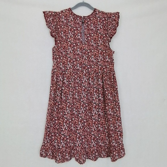 Wild Fable Flutter Cap Sleeve Mini Dress Sz XS Brown Floral Print Ruffle Hem - Picture 2 of 13